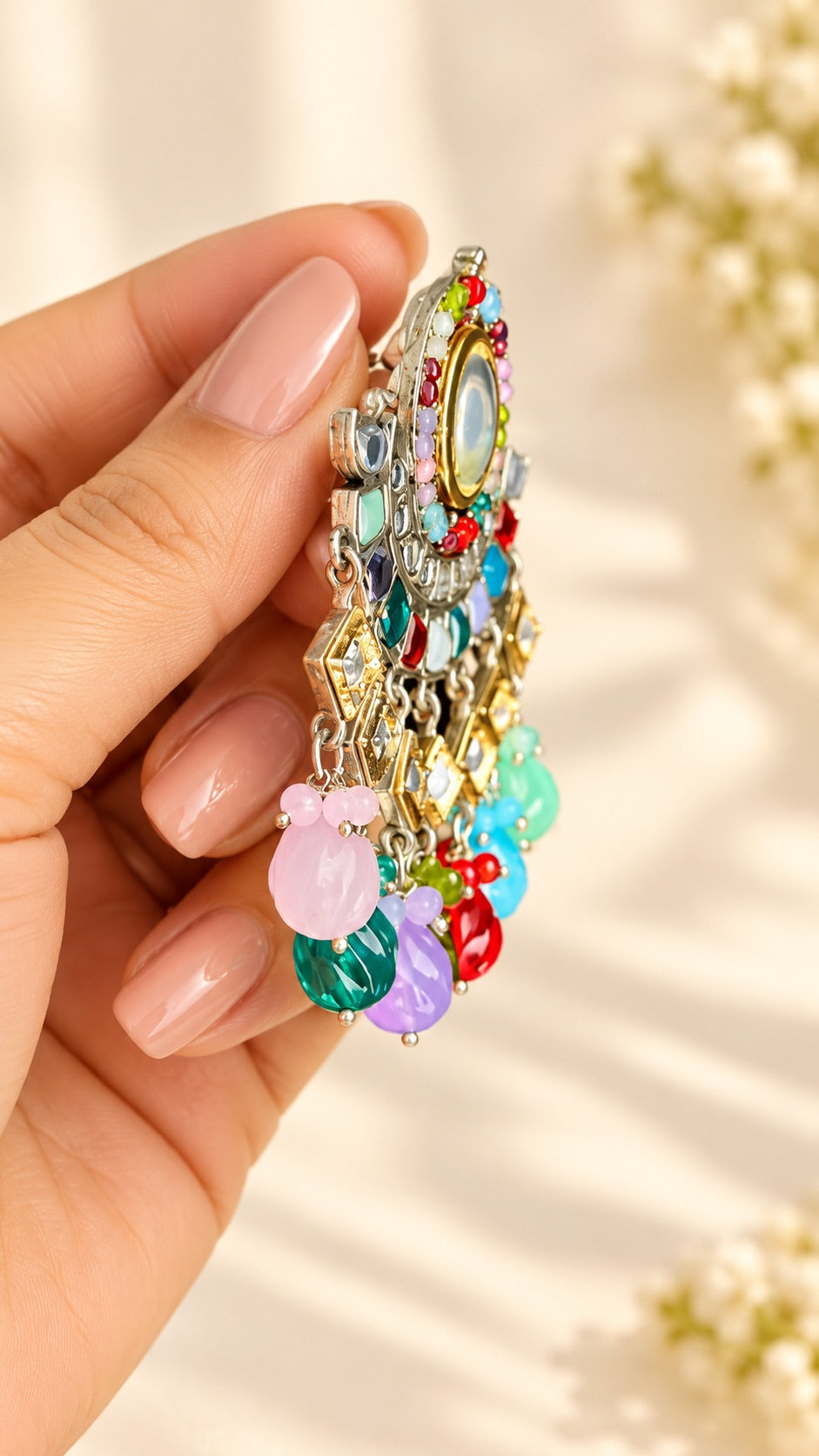 Multi Kundan Chandbali Earrings with Beaded Drops