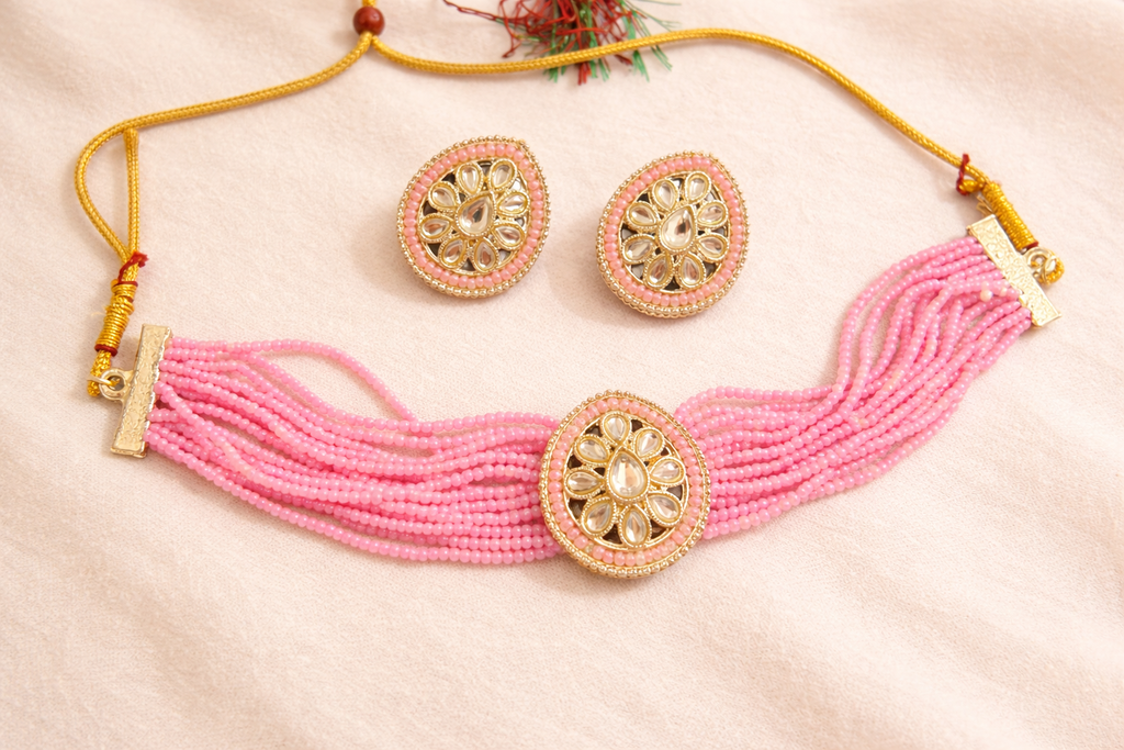 Stylish Light Weight Kundan Glass Beeded Chokwer Necklace Set