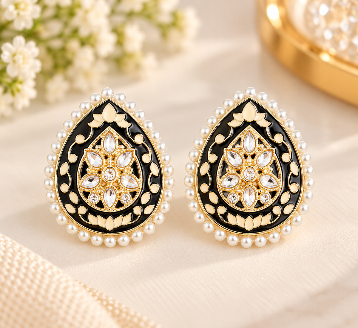 Minakari Teardrop Earrings With  Pearl Border