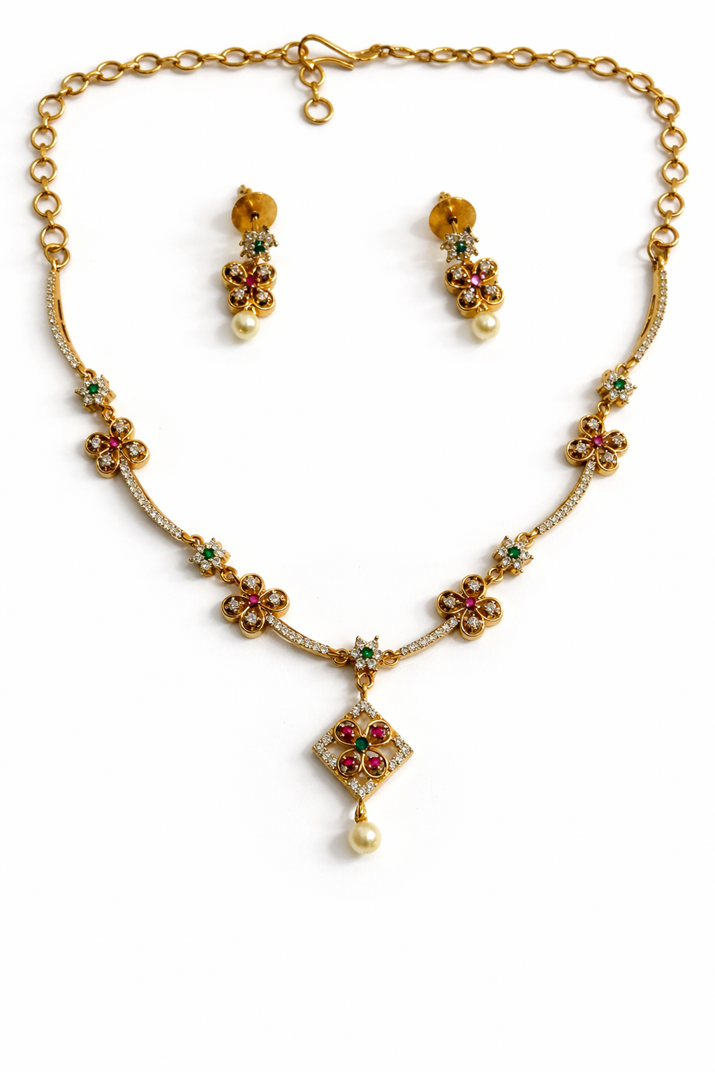 Gold Plated A.D Stone Floral Necklace Set