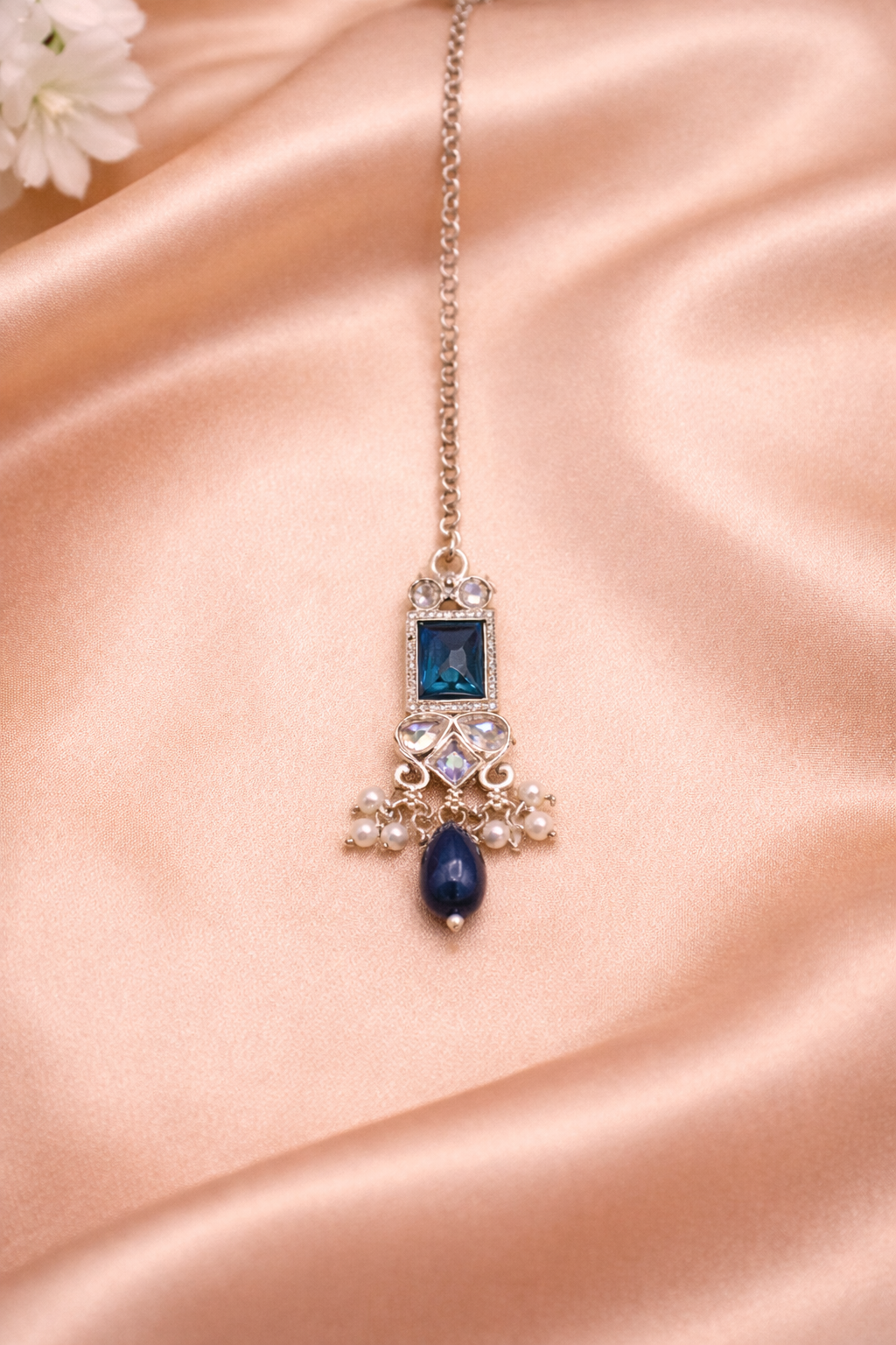 Exclusive Silver Plated A.D Necklace Set With Matching Jumka Earrings And Maang Tikka / Headpiece