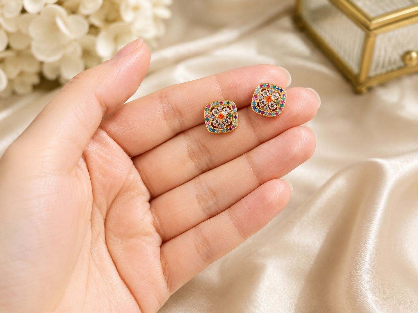 18K Gold Plated Multicolour Zircon Floral Ear Studs