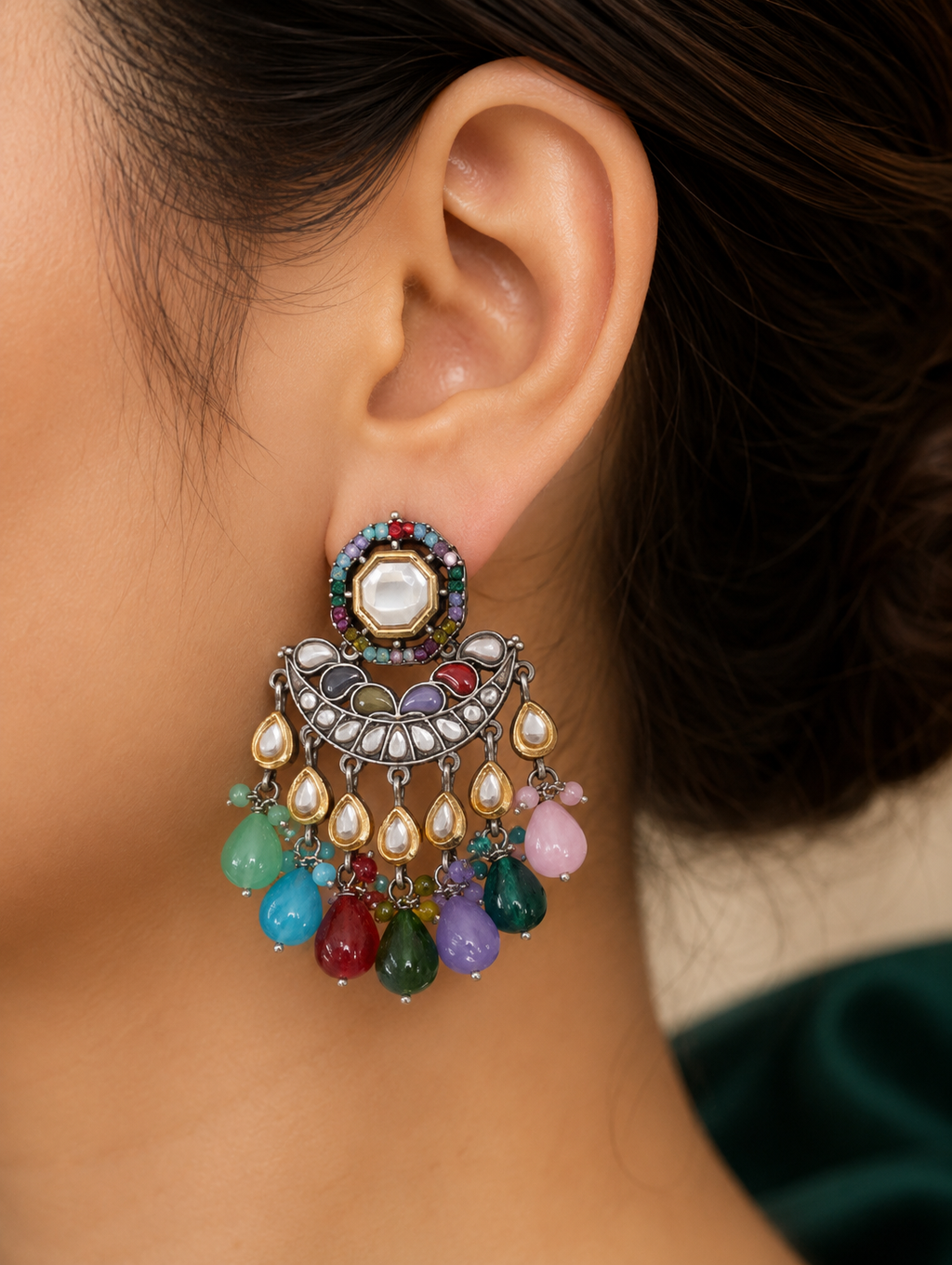Traditional Multi Beeds Kundan Drop Earrings