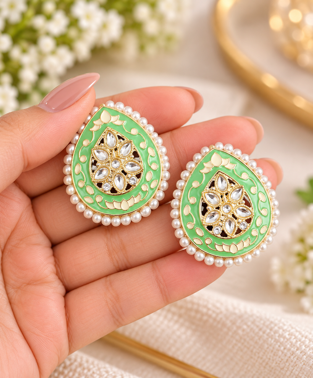 Minakari Teardrop Earrings With  Pearl Border