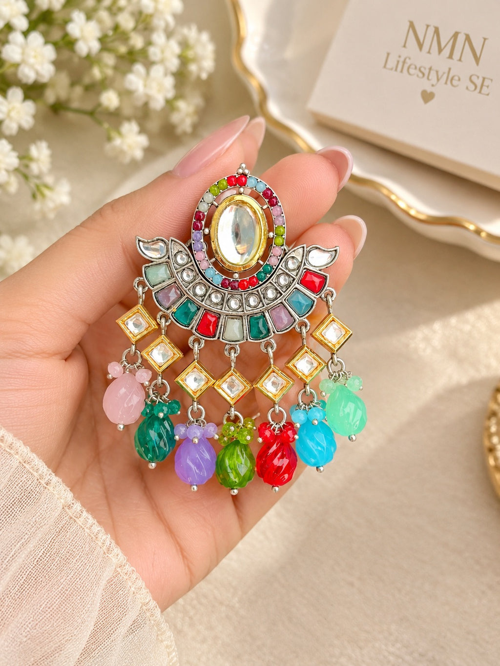 Multi Kundan Chandbali Earrings with Beaded Drops