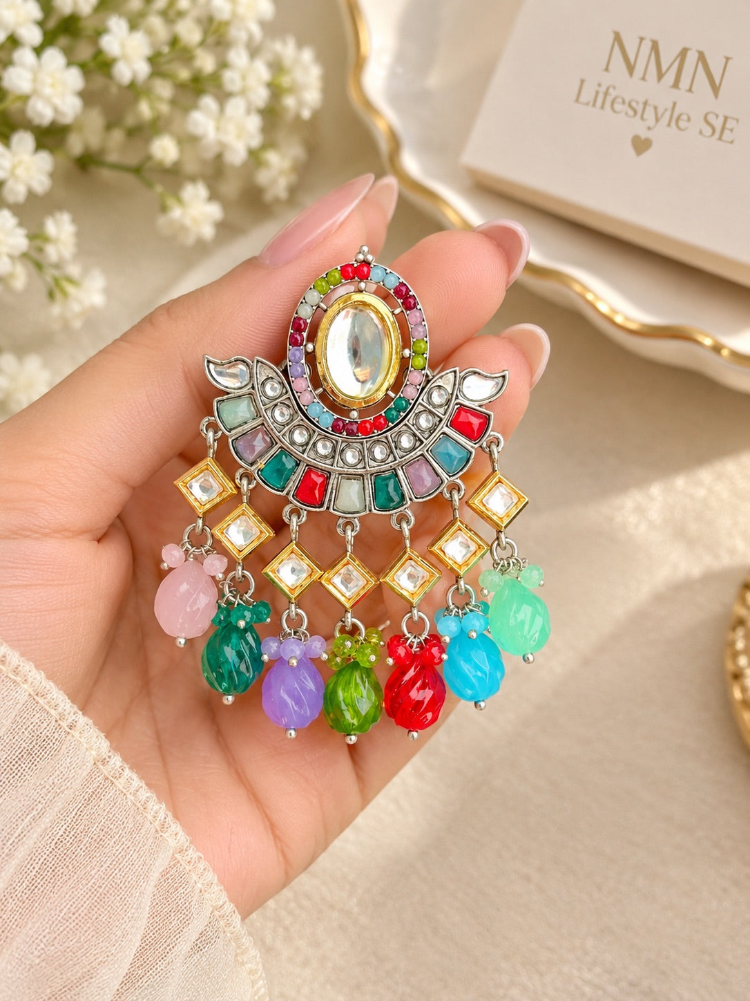 Multi Kundan Chandbali Earrings with Beaded Drops