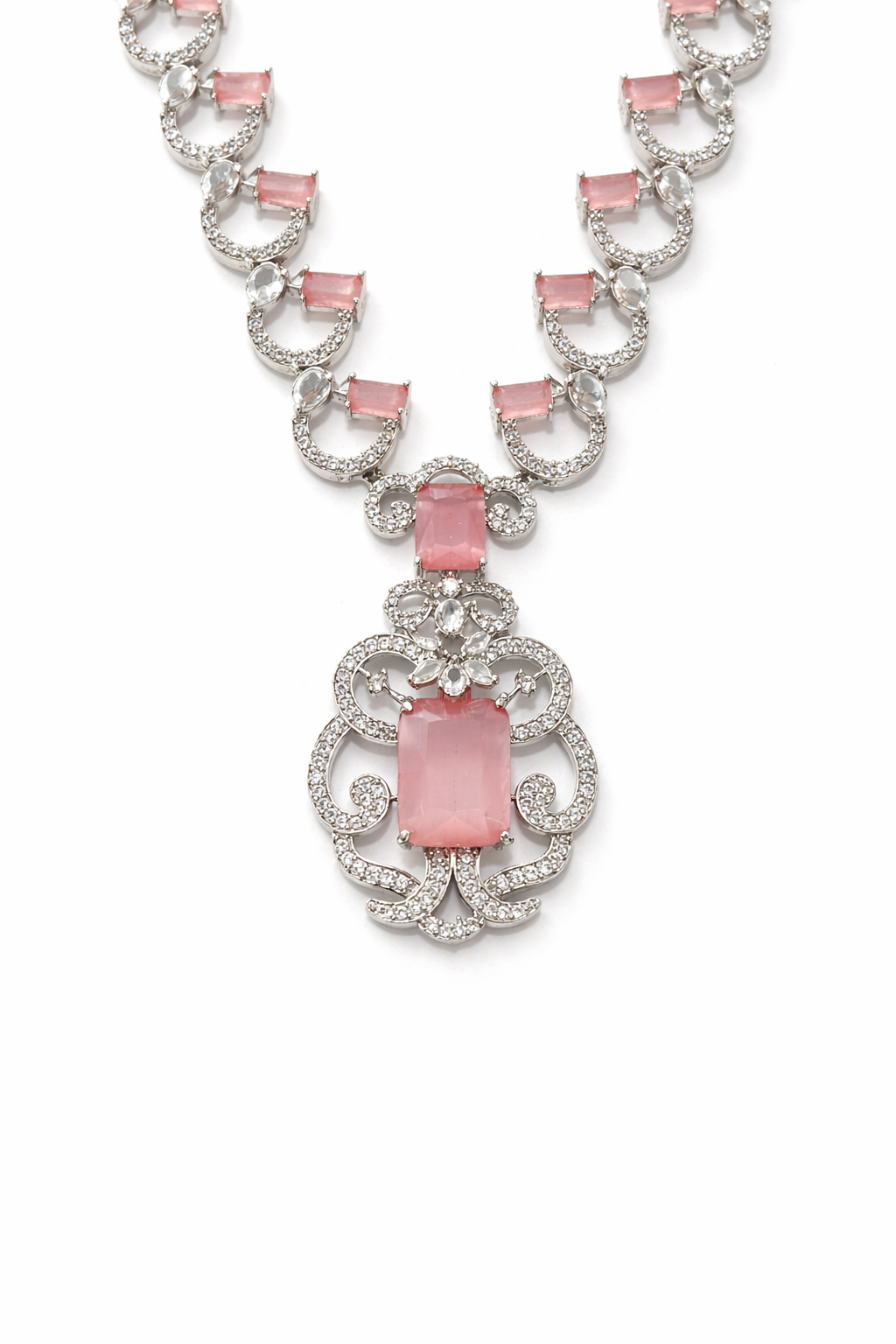 Silver Plated Emerald Green & Pink Cat’s Eye A.D Stone Statement Necklace