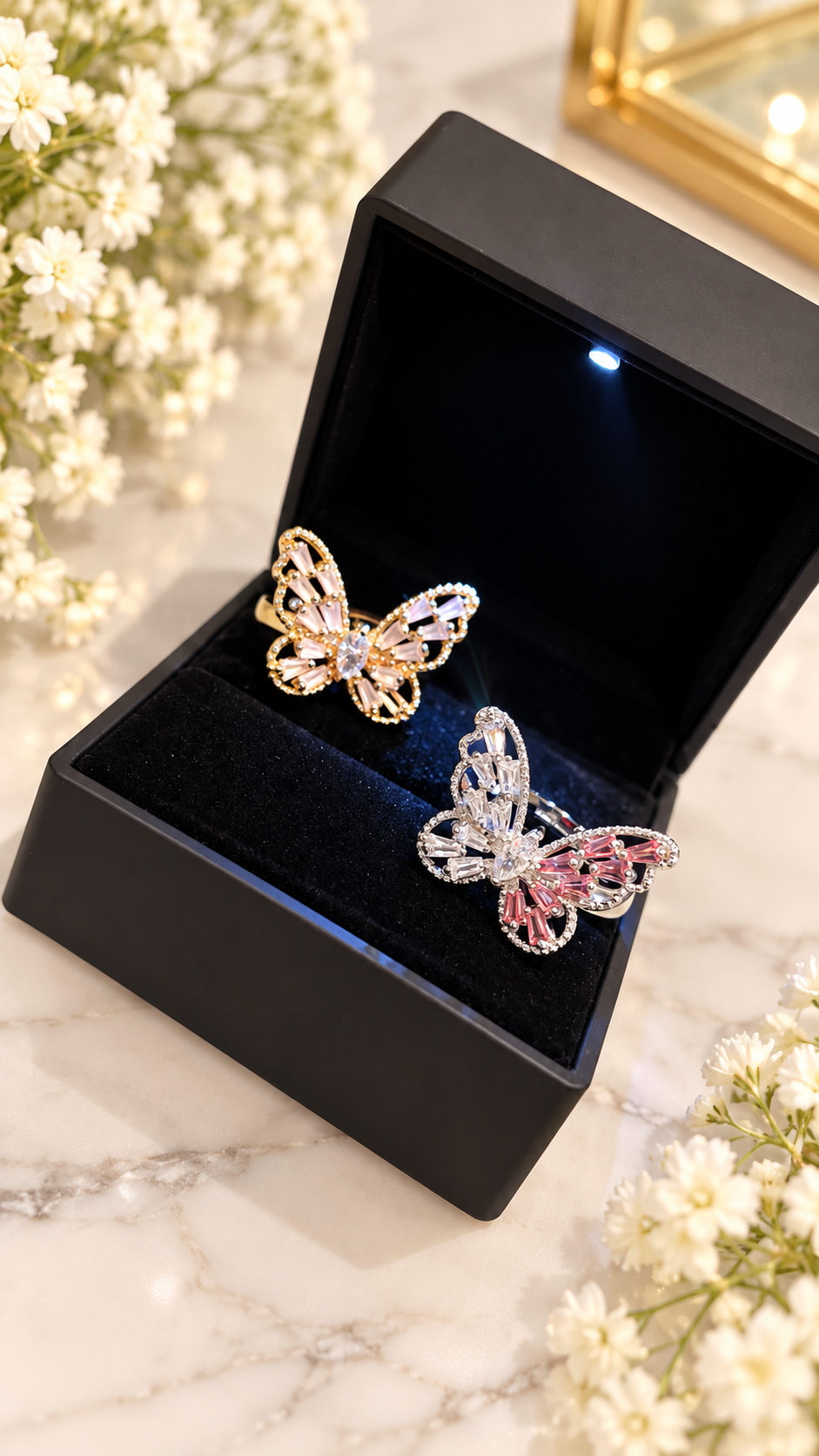 🦋 Butterfly Ring Combo Set with LED Gift Box