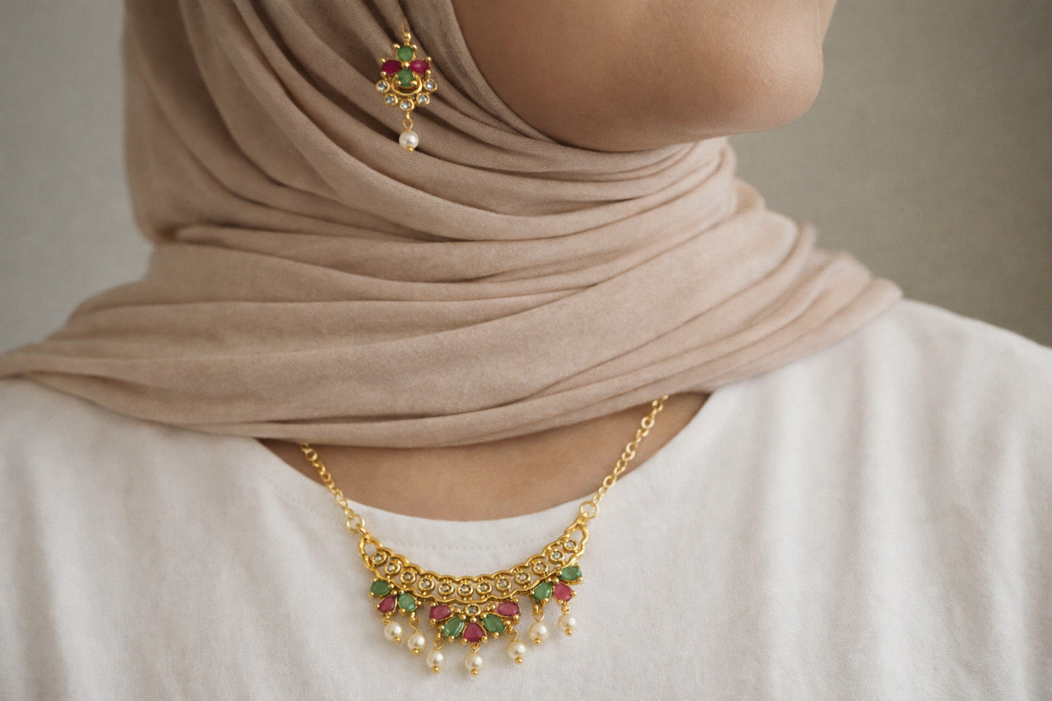 Elegant Gold Plated AD Stone Traditional Tanmaniya Pendant Set