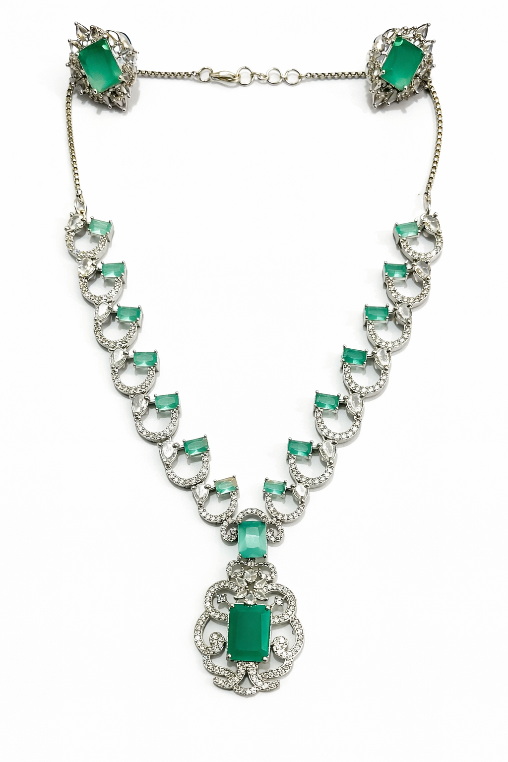 Silver Plated Emerald Green & Pink Cat’s Eye A.D Stone Statement Necklace