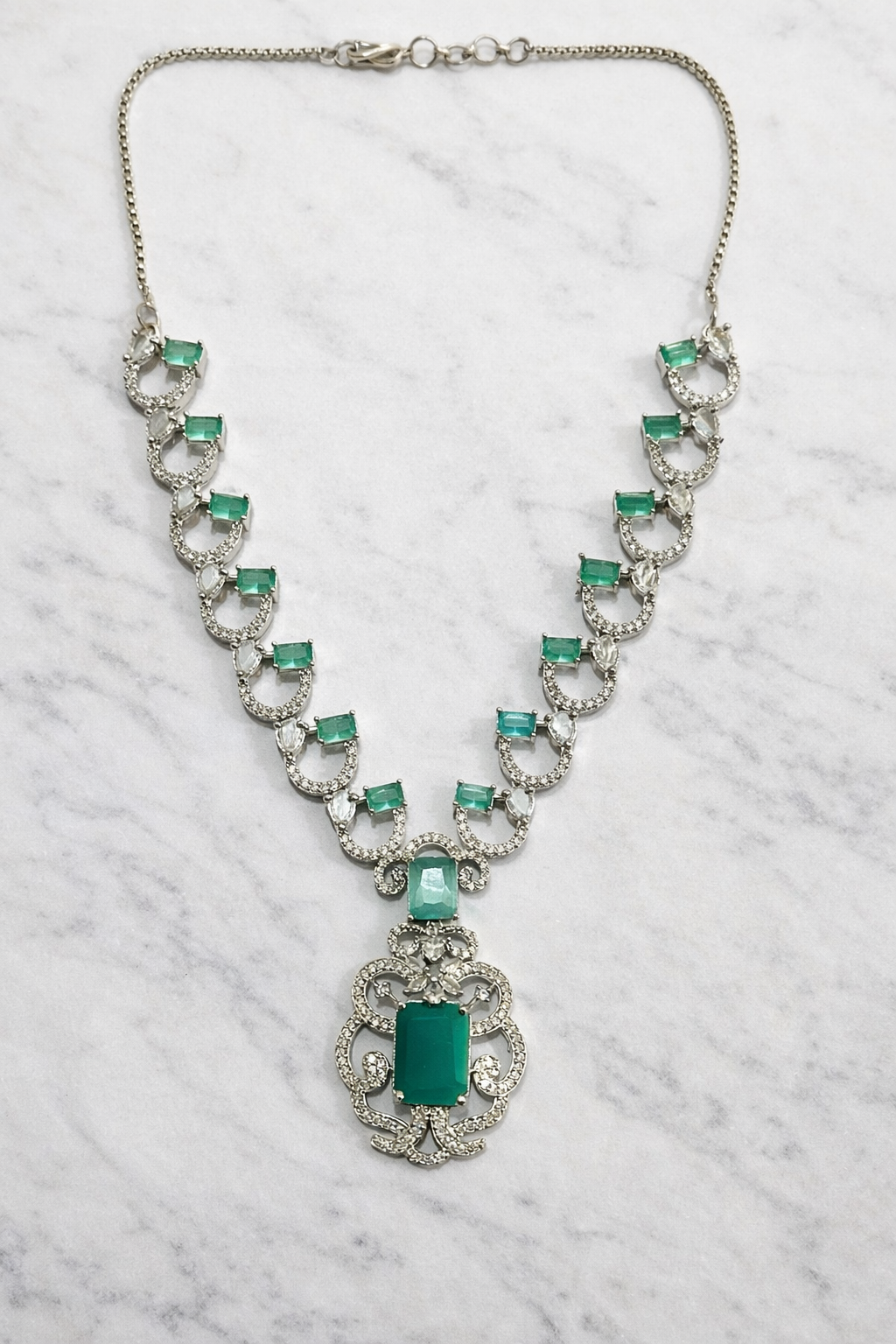 Silver Plated Emerald Green & Pink Cat’s Eye A.D Stone Statement Necklace