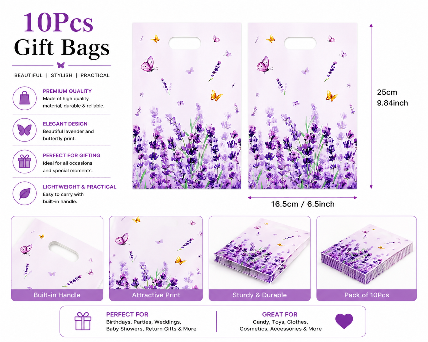 Lavender Butterfly Gift Bags 10 Pieces Pack