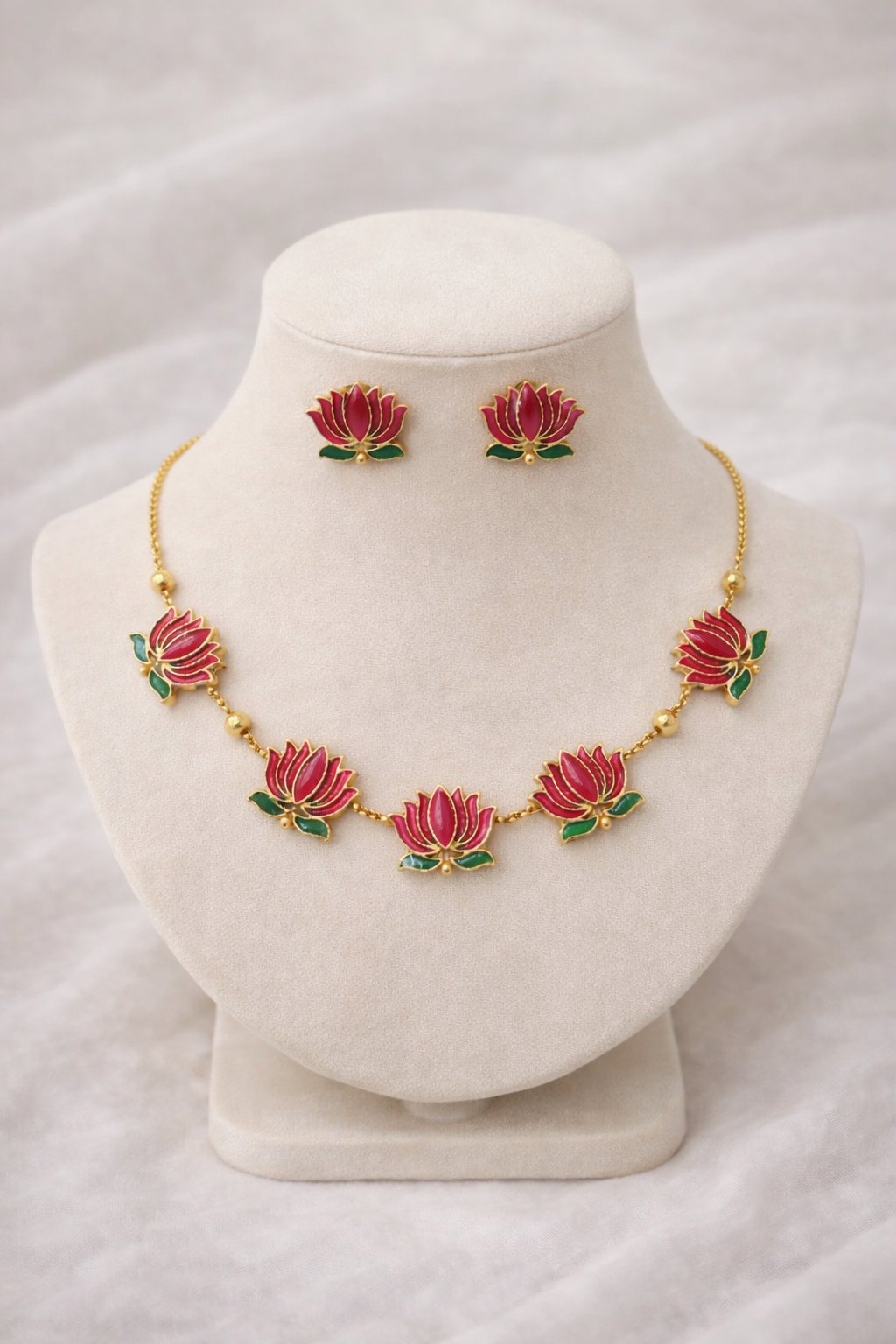 Lotus Gold Plated Temple Choker Necklace Set with CZ Stone Earrings