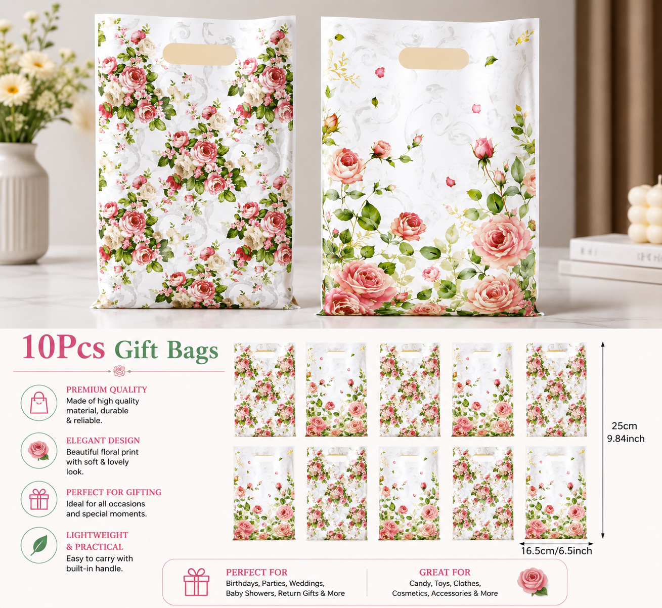 Floral Rose Gift Bag 10 Pieces Pack