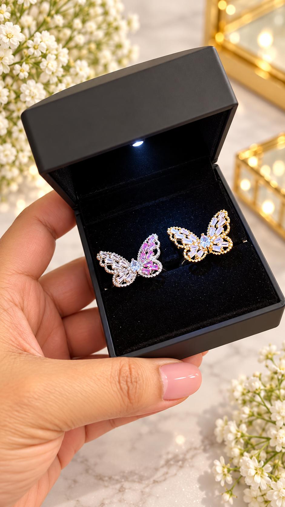 🦋 Butterfly Ring Combo Set with LED Gift Box