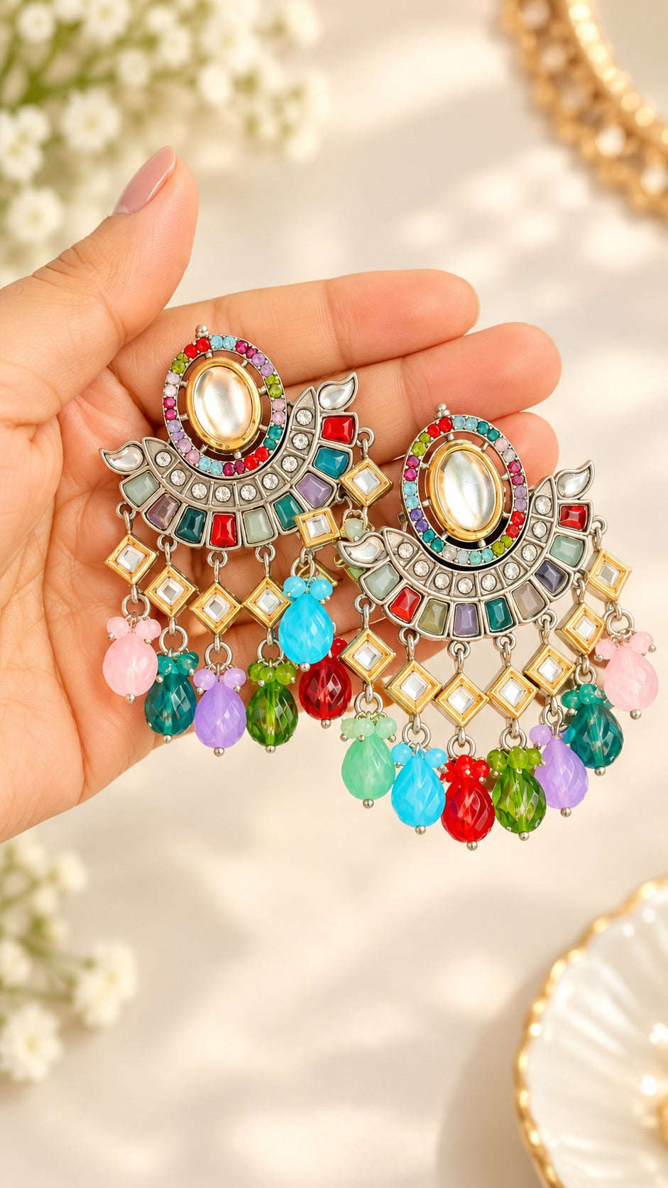 Multi Kundan Chandbali Earrings with Beaded Drops