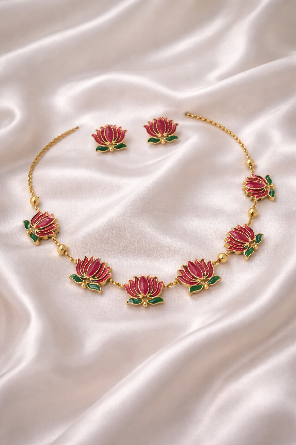 Lotus Gold Plated Temple Choker Necklace Set with CZ Stone Earrings
