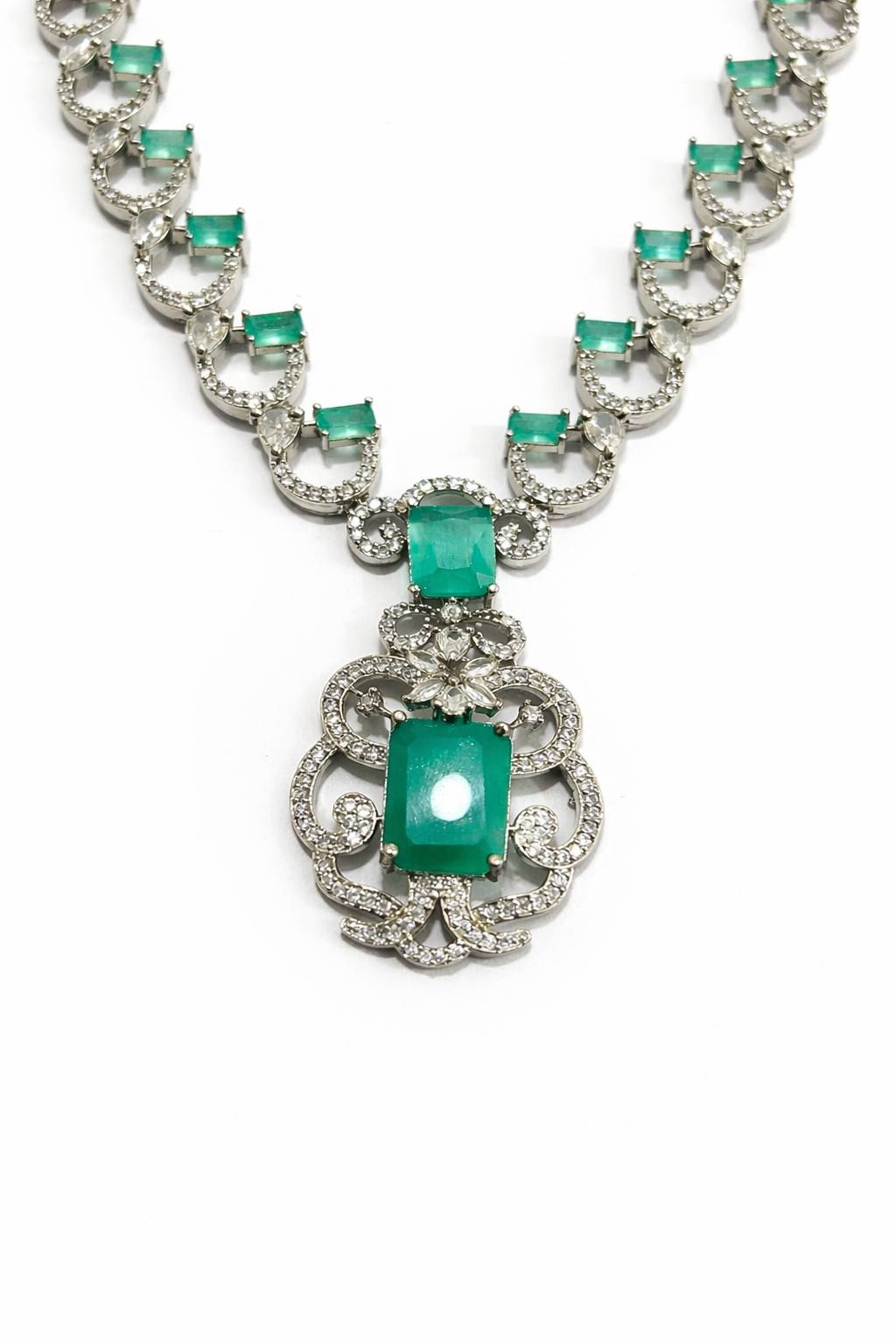Silver Plated Emerald Green & Pink Cat’s Eye A.D Stone Statement Necklace