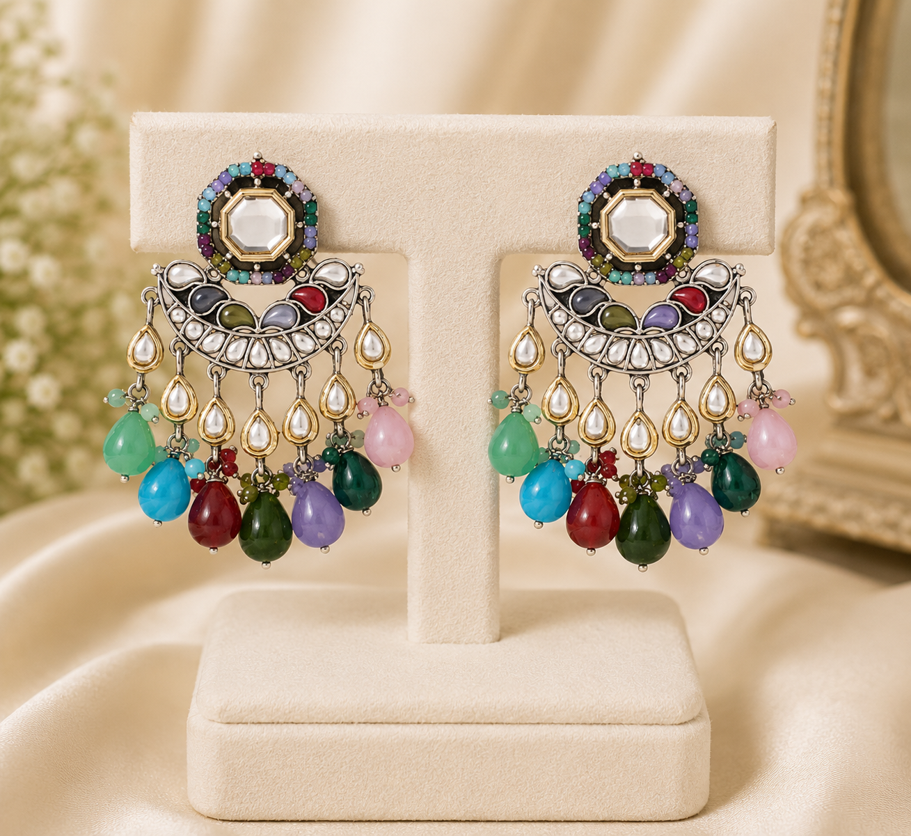 Traditional Multi Beeds Kundan Drop Earrings