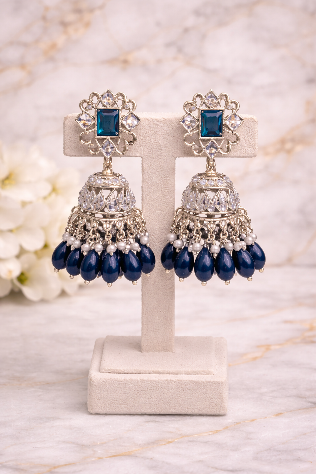 Exclusive Silver Plated A.D Necklace Set With Matching Jumka Earrings And Maang Tikka / Headpiece