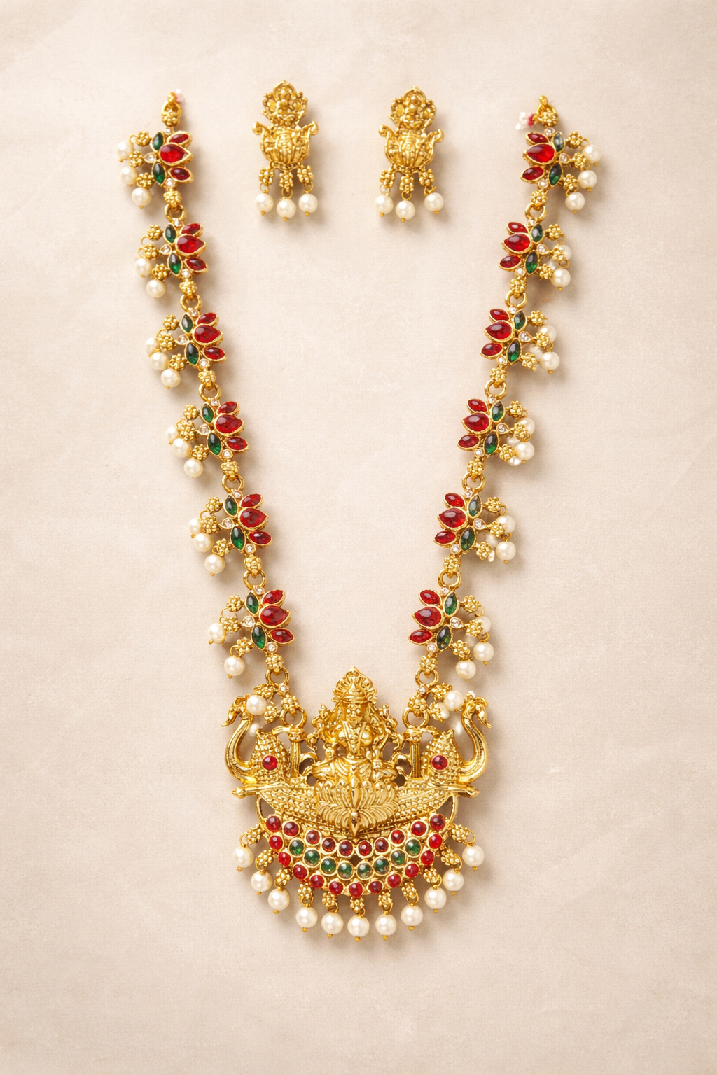 Traditional Temple Design Necklace With Temple Earrings
