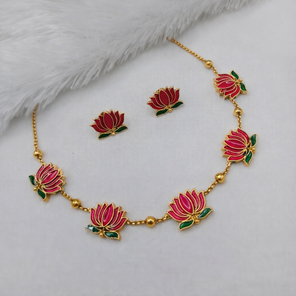 Lotus Gold Plated Temple Choker Necklace Set with CZ Stone Earrings