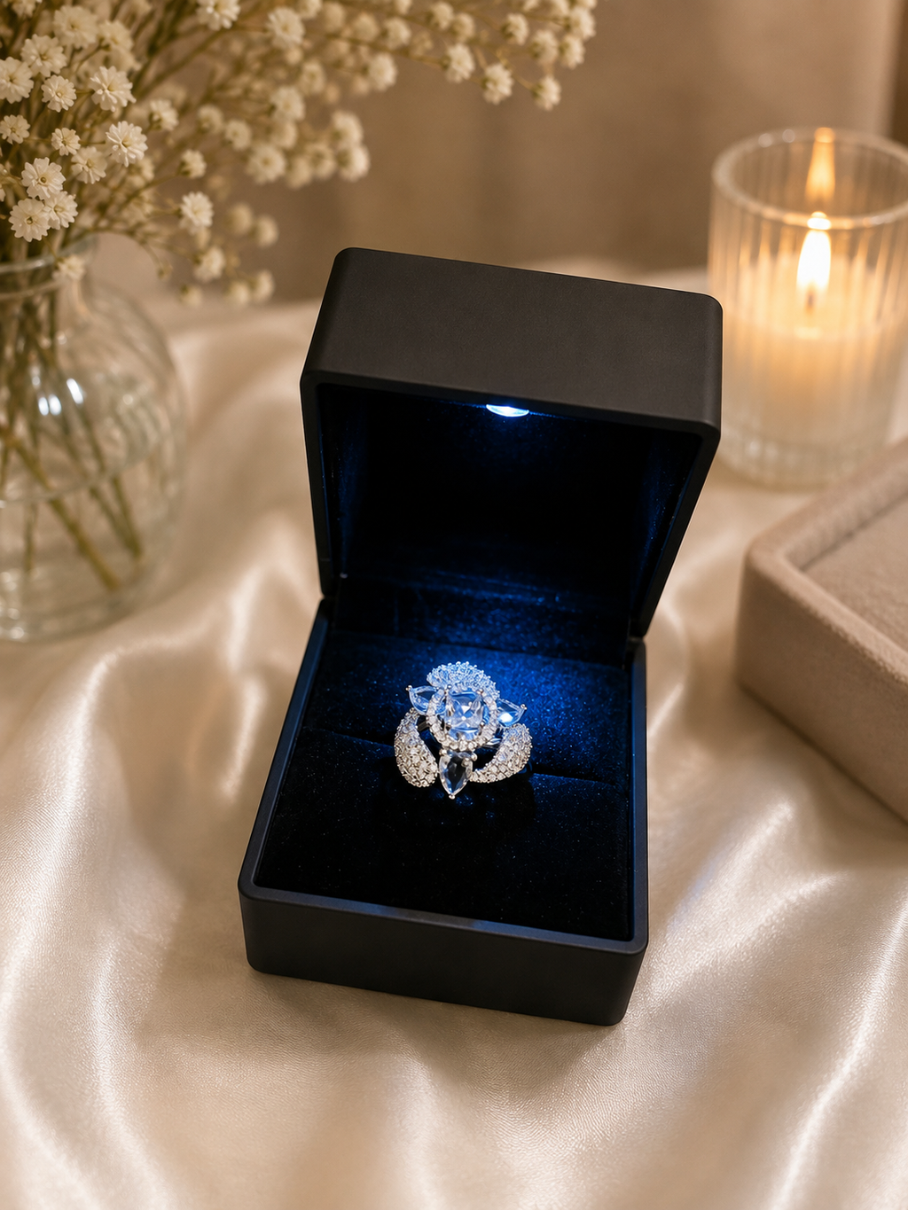 Silver Plated Adjustable Ad Ring With Led Ring Box