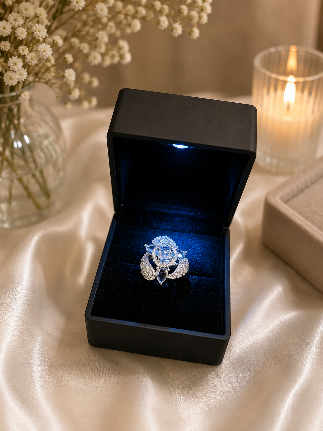 Silver Plated Adjustable Ad Ring With Led Ring Box
