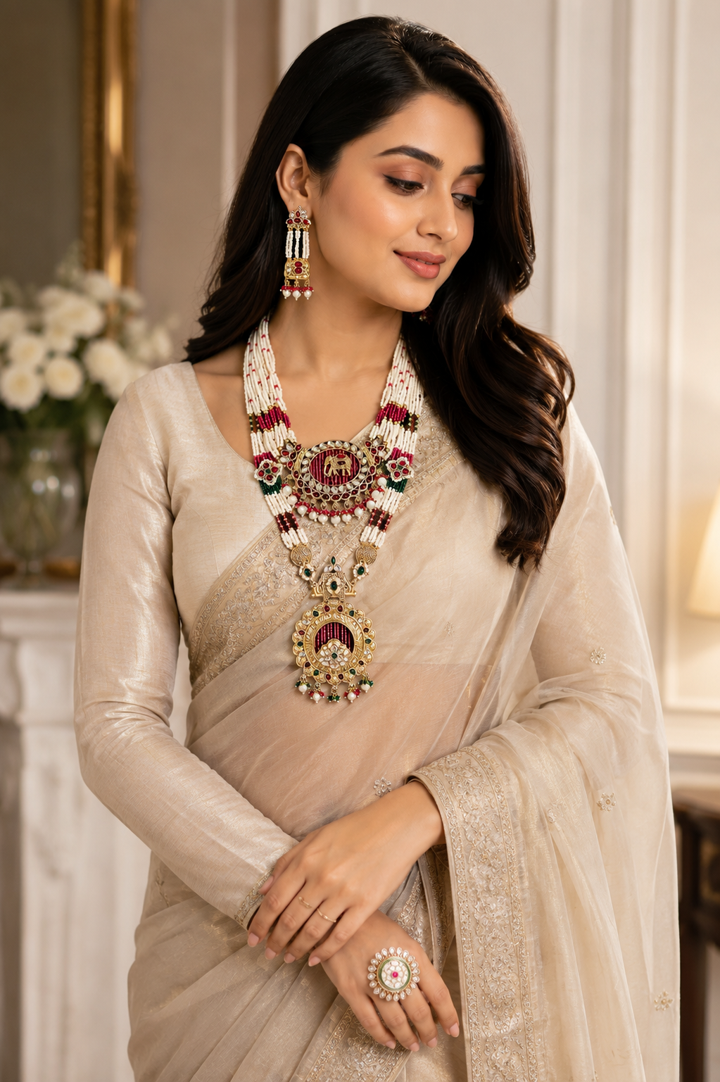 Traditional Indian Bridal Necklace Set with Matching Earrings & Ring