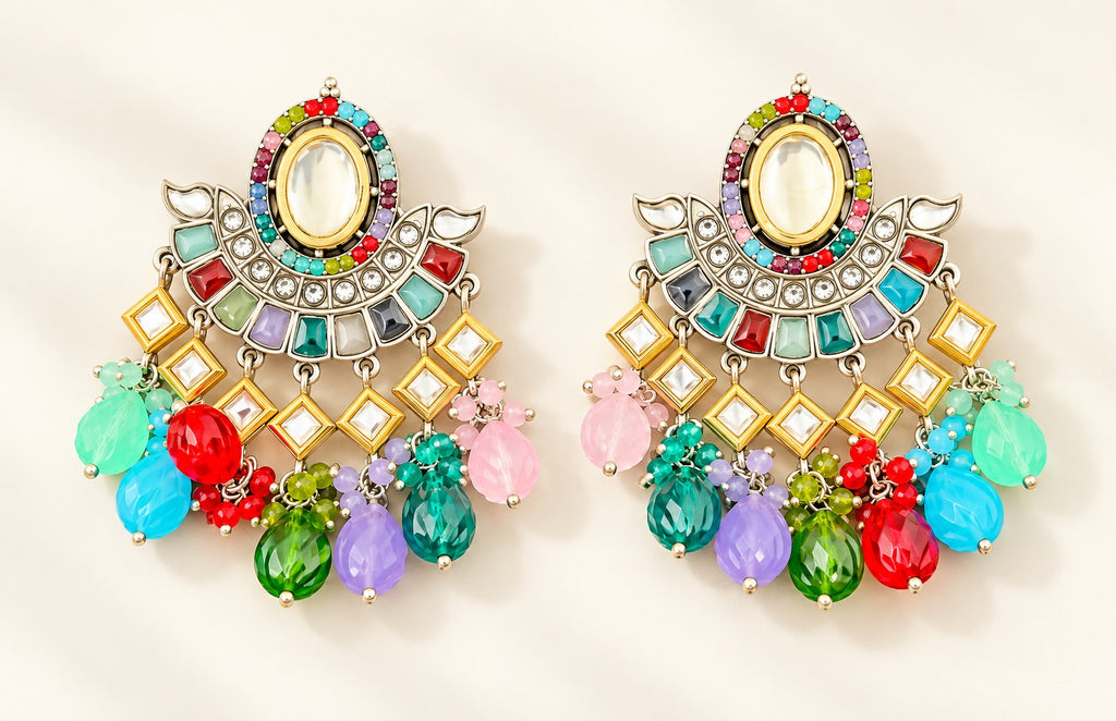 Multi Kundan Chandbali Earrings with Beaded Drops
