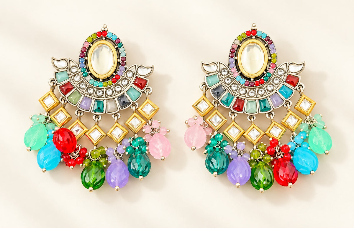 Multi Kundan Chandbali Earrings with Beaded Drops