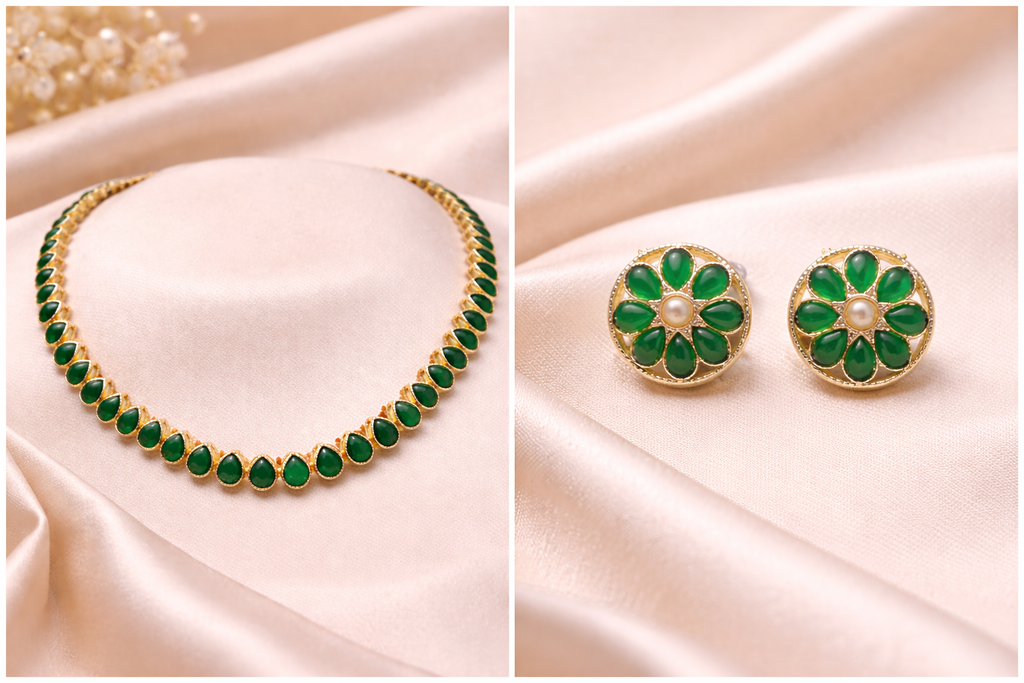 Elegant Kundan Necklace Set with Matching Earrings – Green / Green & Pink