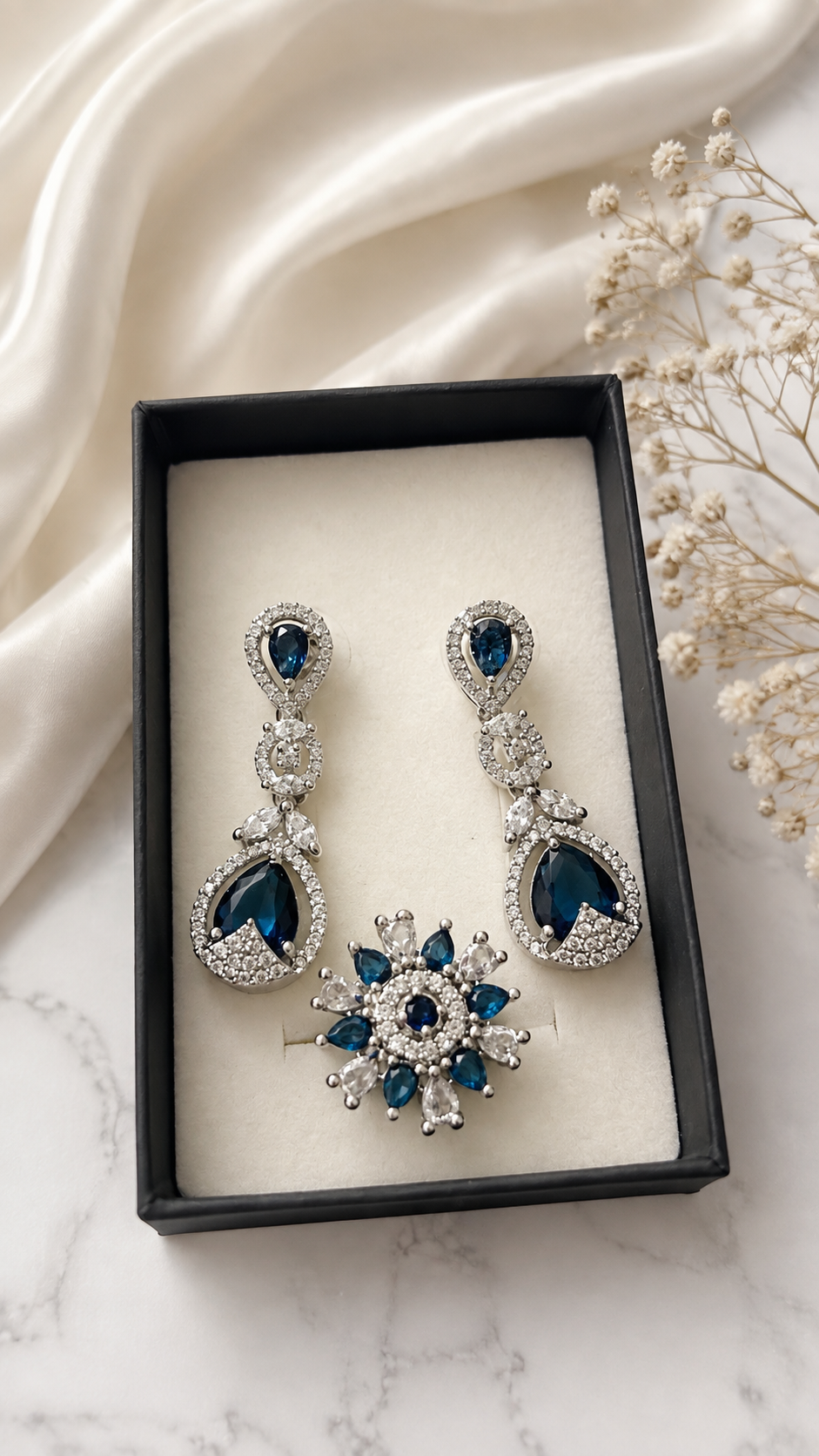 Royal Blue AD Stone Earrings & Ring Set