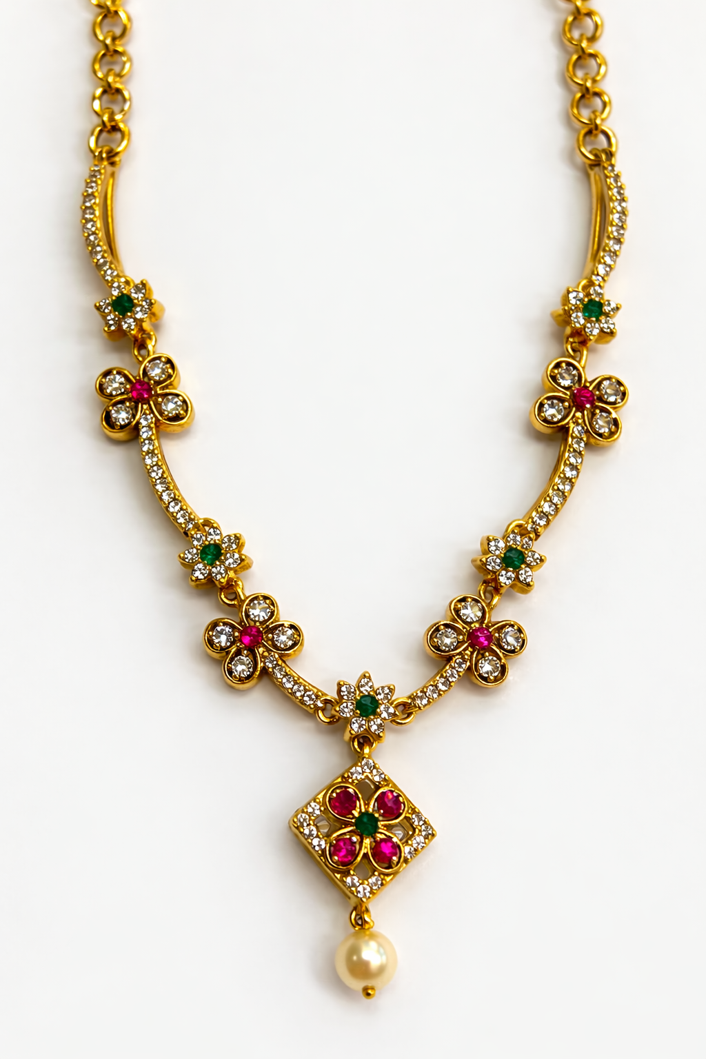 Gold Plated A.D Stone Floral Necklace Set