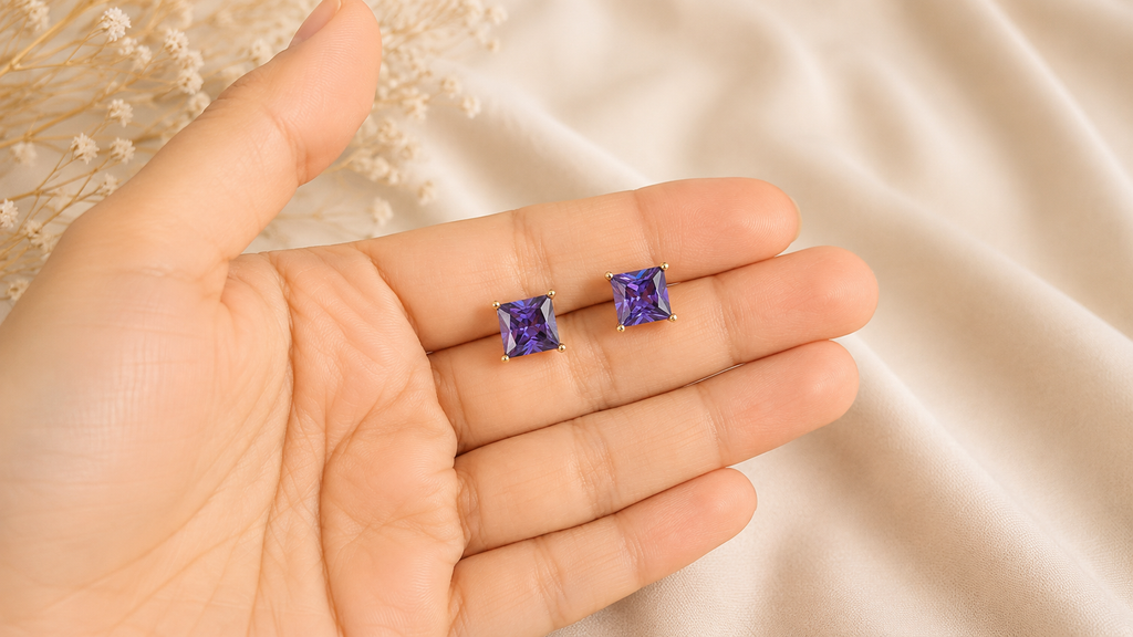 18k Gold Plated Square Zircon Ear Studs