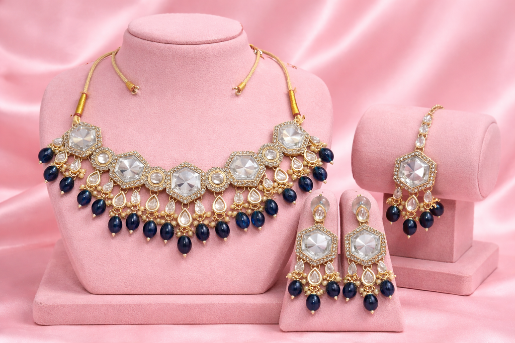 Beautiful Blue & White Combination Necklace Set (Gold Base)