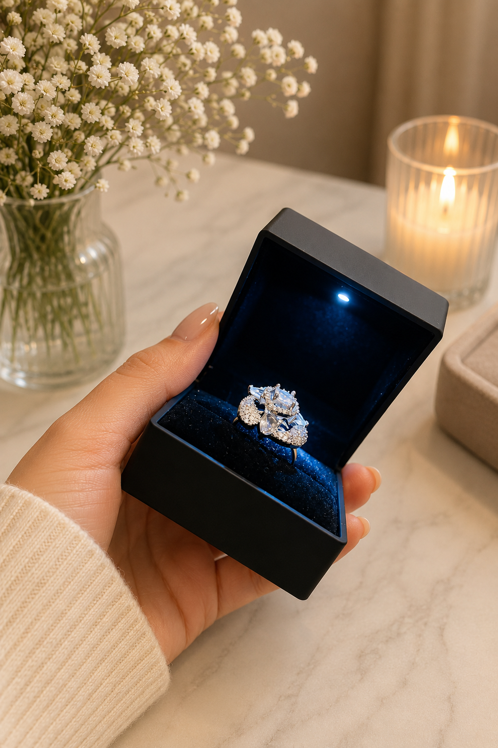 Silver Plated Adjustable Ad Ring With Led Ring Box