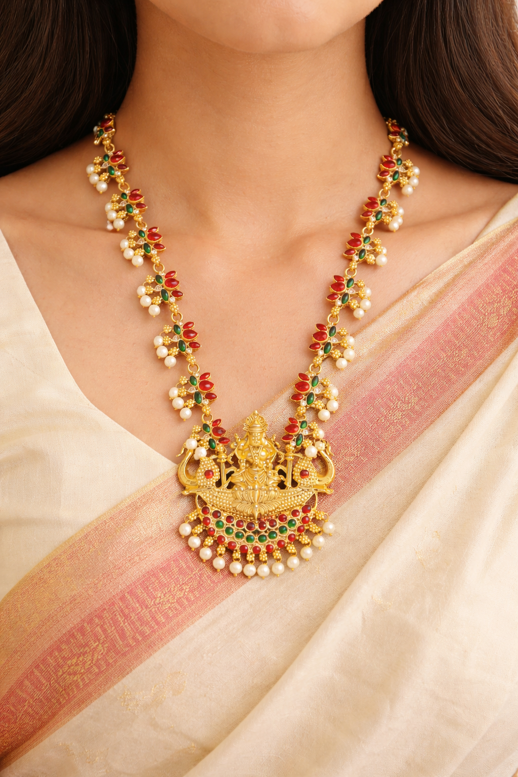 Traditional Temple Design Necklace With Temple Earrings