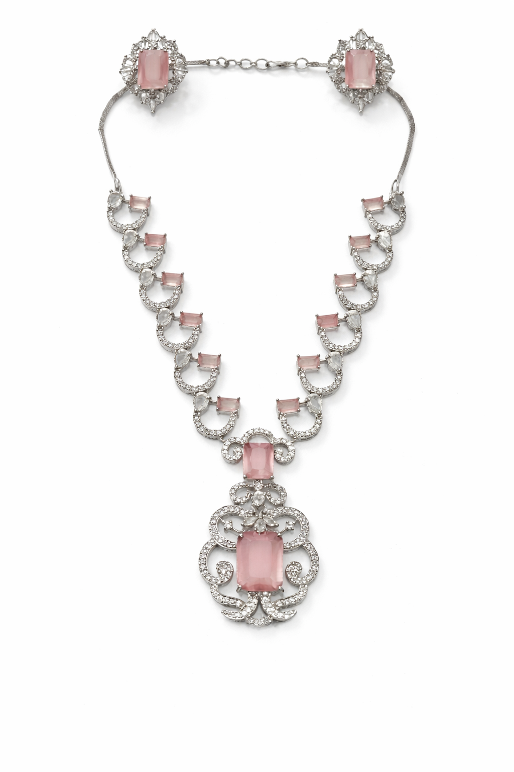 Silver Plated Emerald Green & Pink Cat’s Eye A.D Stone Statement Necklace