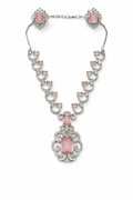 Silver Plated Emerald Green & Pink Cat’s Eye A.D Stone Statement Necklace