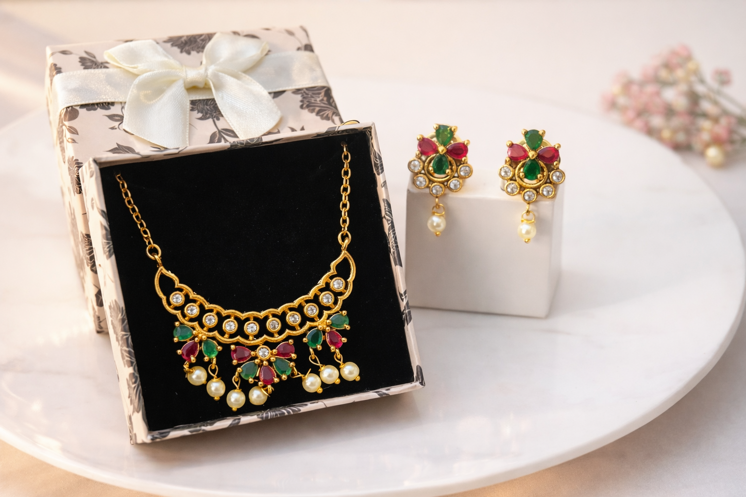 Elegant Gold Plated AD Stone Traditional Tanmaniya Pendant Set