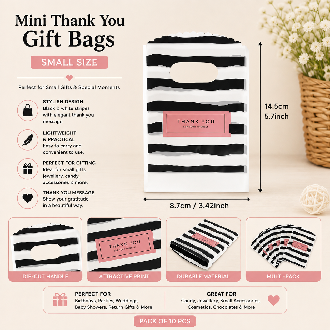 Striped Thank You Gift Bags – Small Gift Bags 10 Pieces Pack