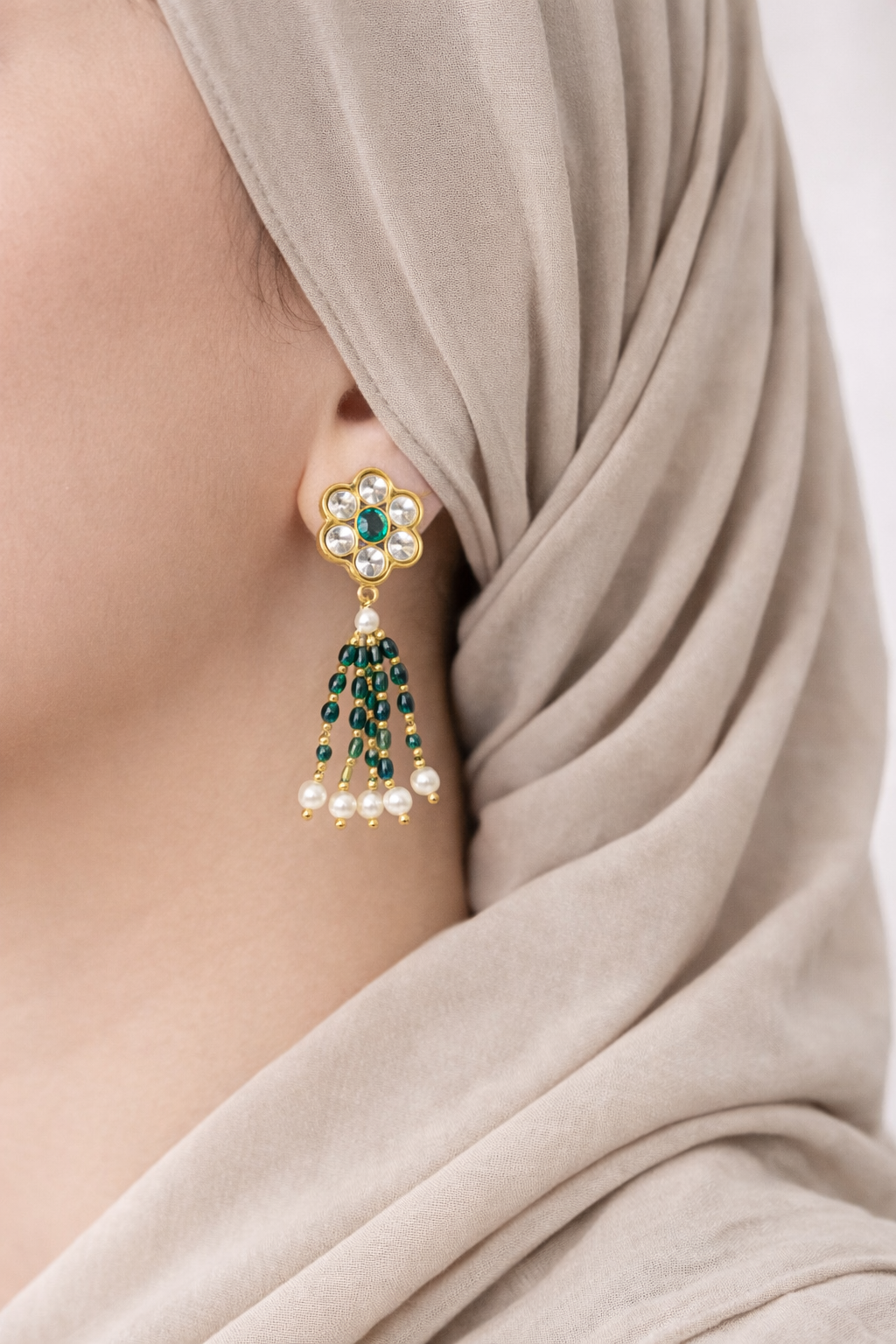 A.D Stone Copper Mala/Long Necklace With Earrings