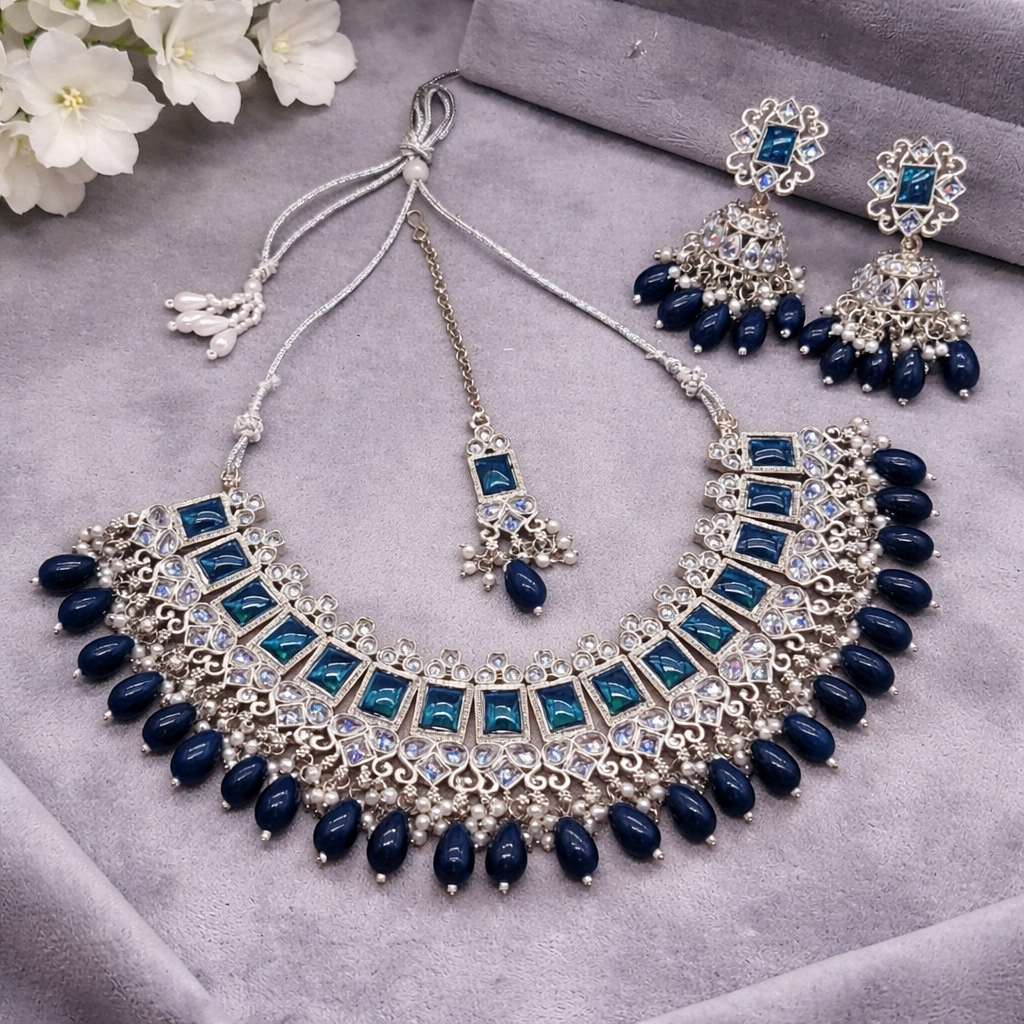 Exclusive Silver Plated A.D Necklace Set With Matching Jumka Earrings And Maang Tikka / Headpiece