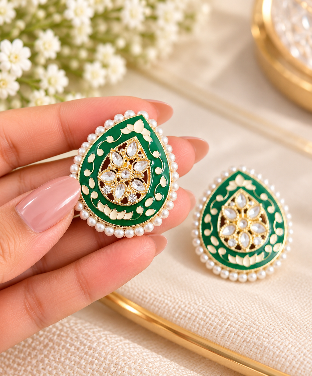 Minakari Teardrop Earrings With  Pearl Border
