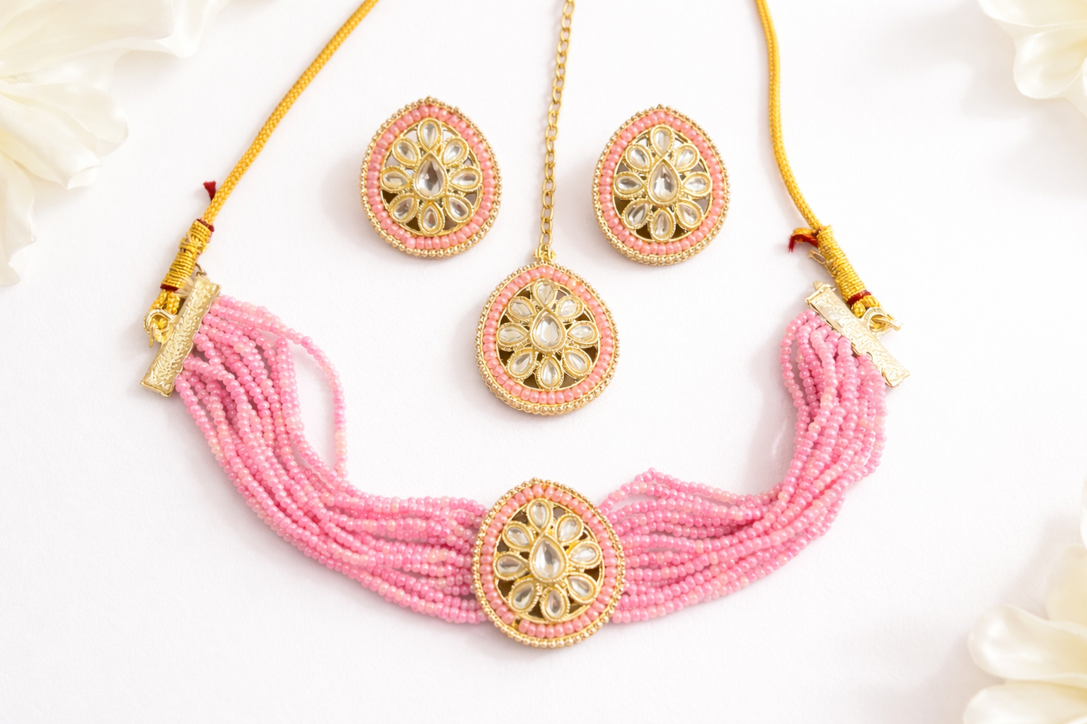 Stylish Light Weight Kundan Glass Beeded Chokwer Necklace Set