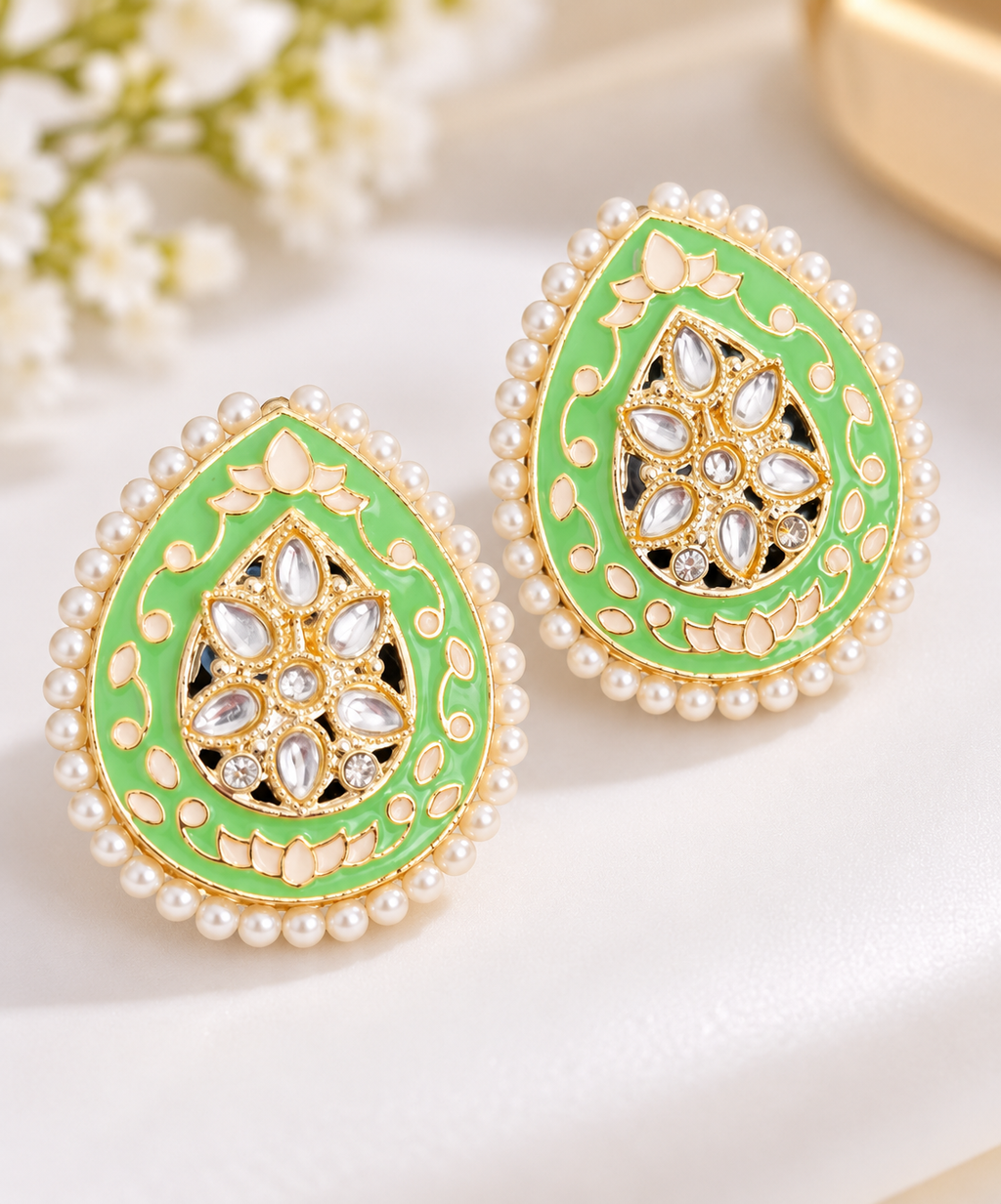Minakari Teardrop Earrings With  Pearl Border