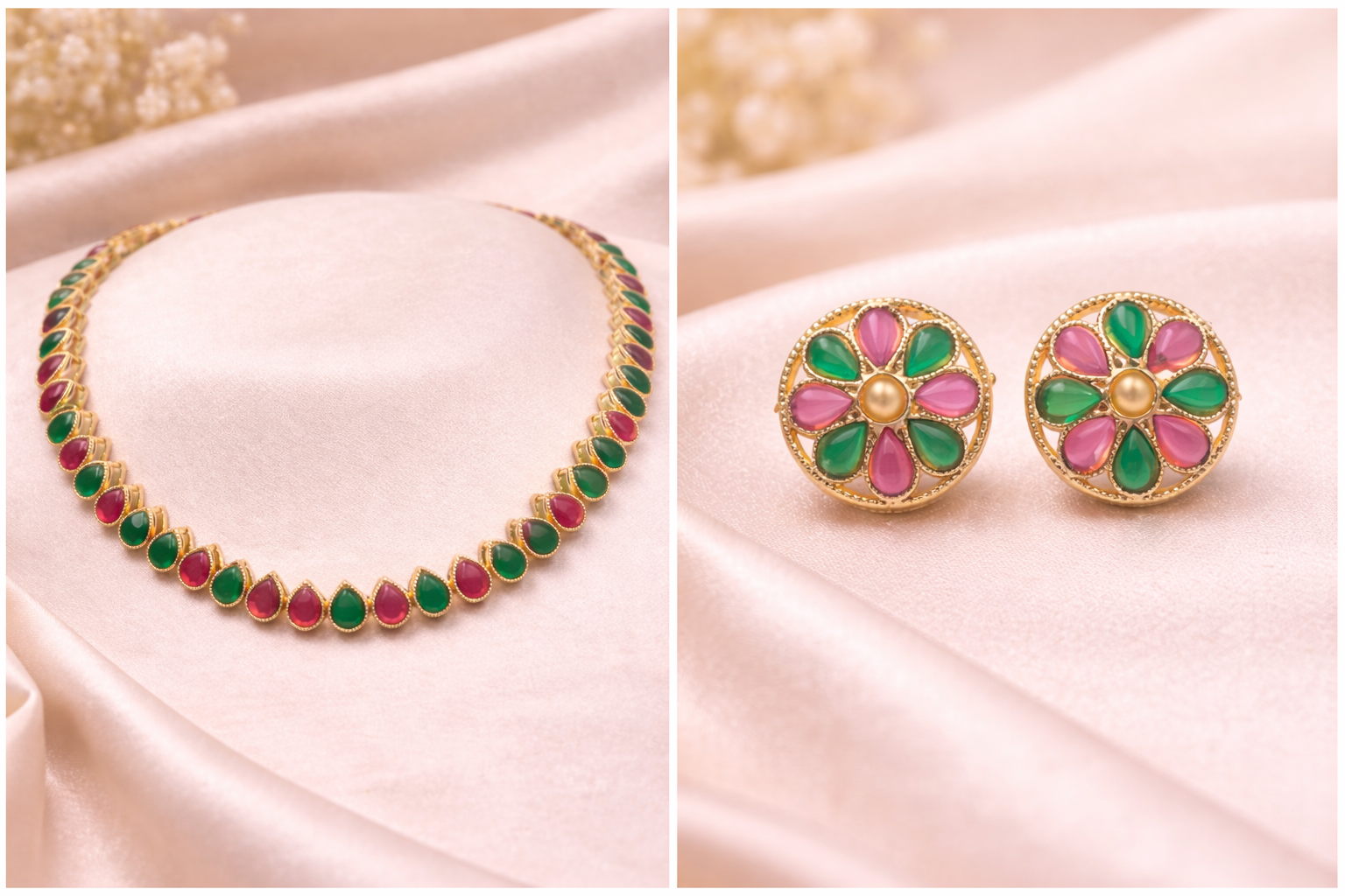 Elegant Kundan Necklace Set with Matching Earrings – Green / Green & Pink