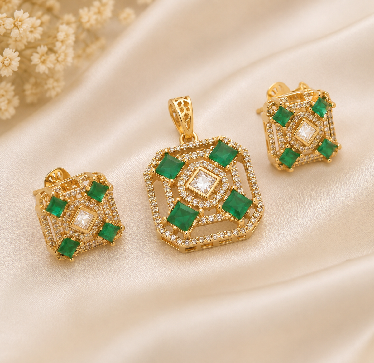 A.D. Stone Pendant Set with Matching Earrings