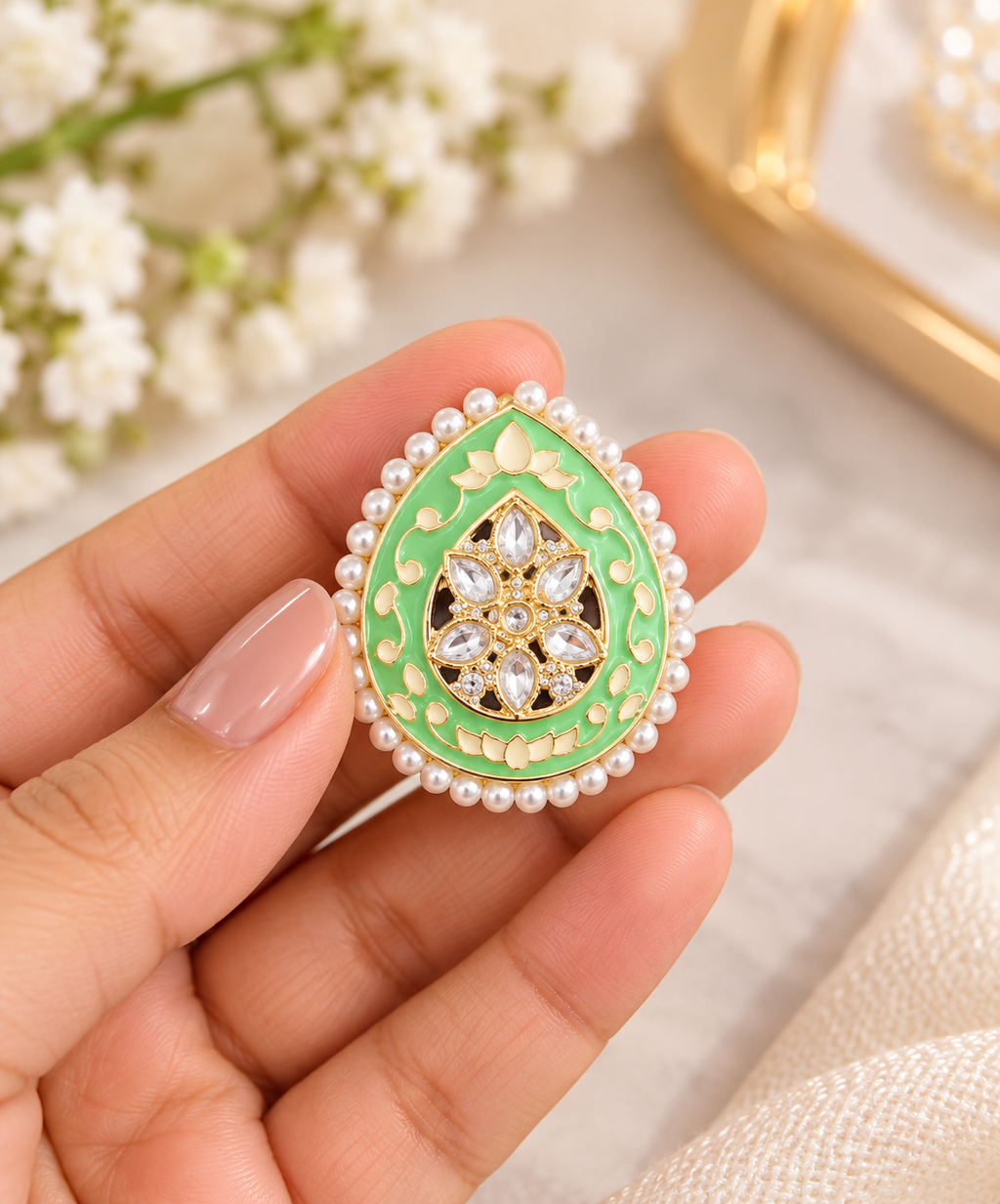 Minakari Teardrop Earrings With  Pearl Border